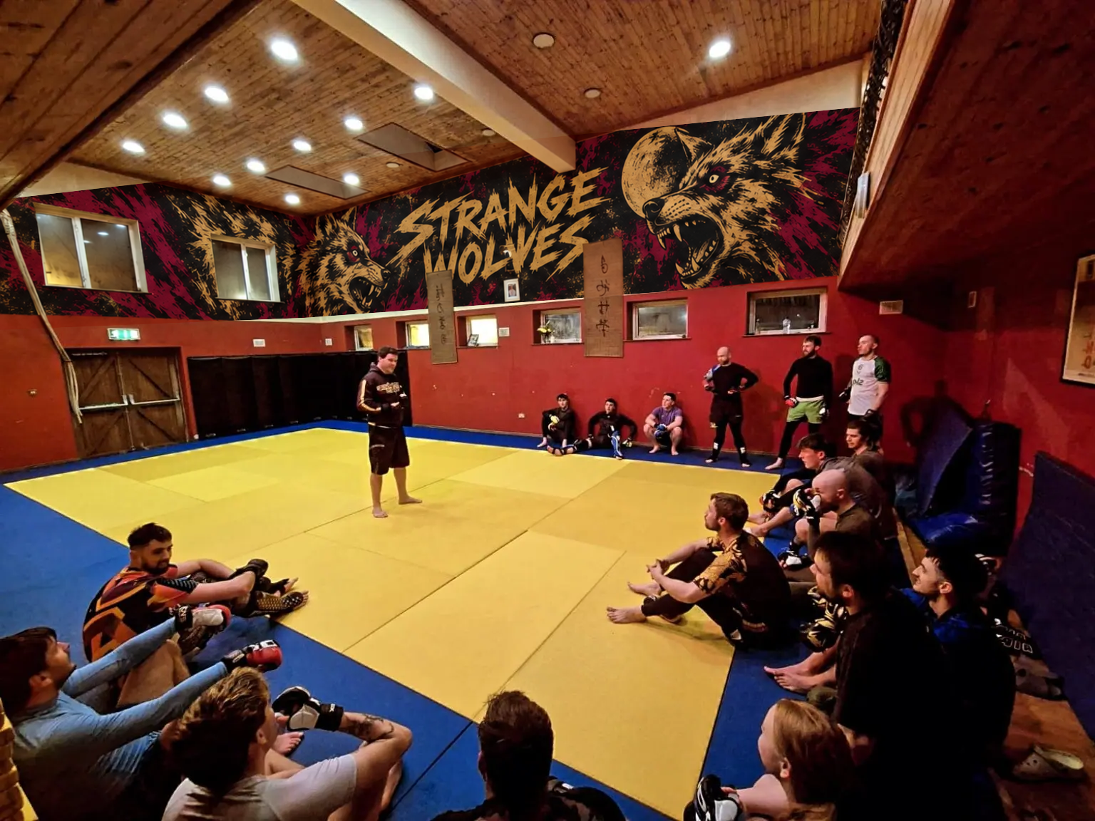 Strange Wolves members gathered around the mats beneath a wolf mural during training in Galway